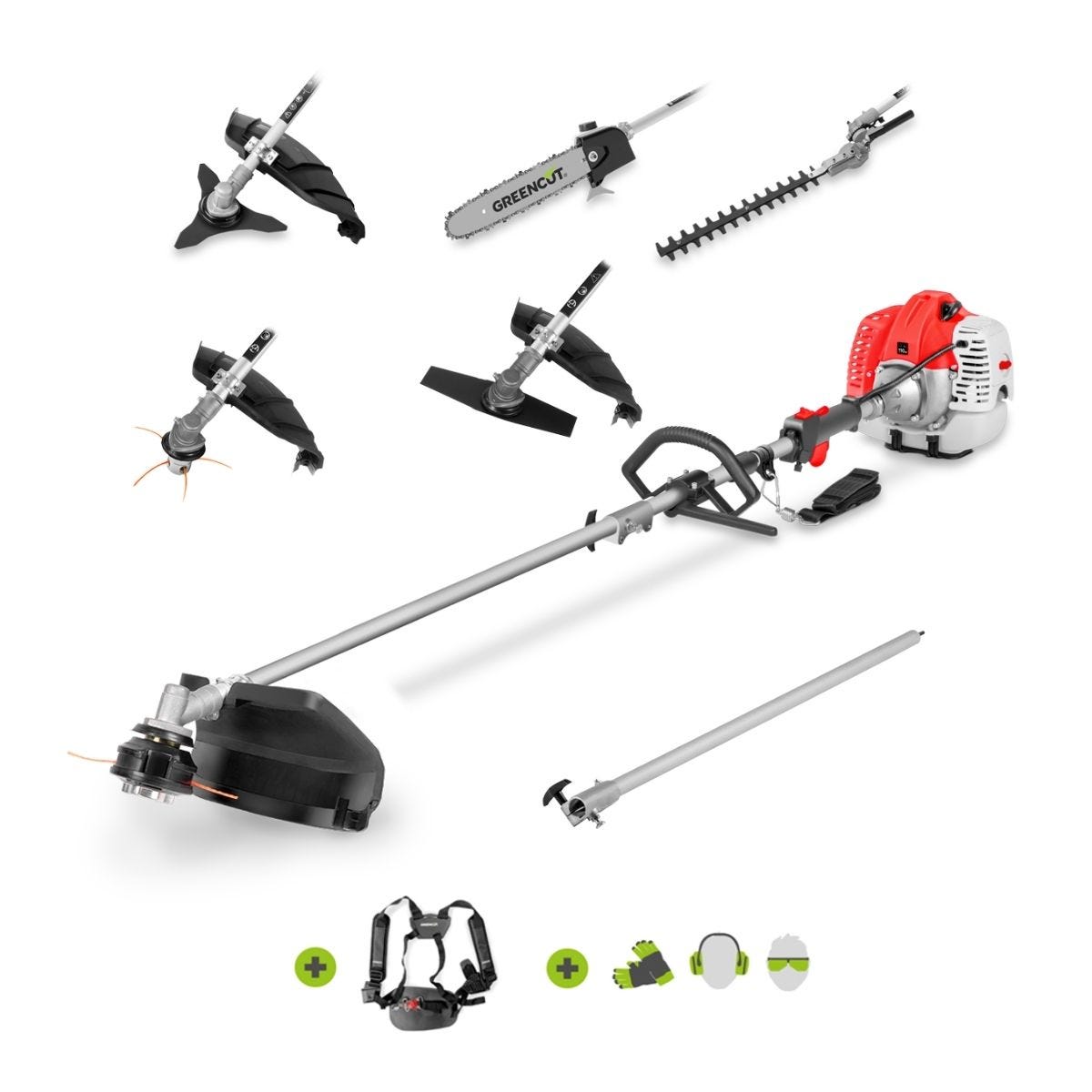 Herramienta multifuncional 65cc 4,9hp motor de gasolina de 2 tiempos, 6 accesorios, doble empuñadura, arnés de seguridad - Greencut GM650X-6 | Leroy Merlin